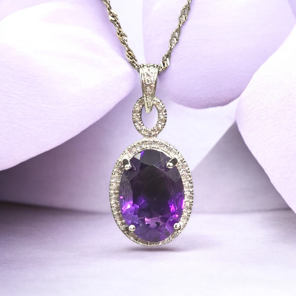 Amethyst CZ Halo Pendant Necklace-Sterling Silver
